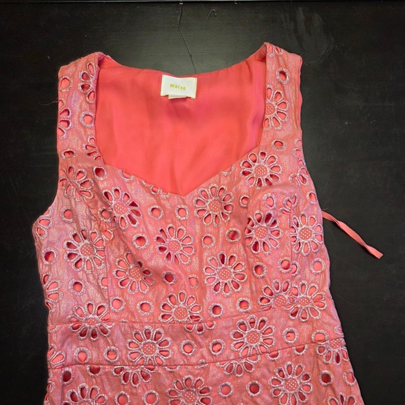 Maeve Anthropologie Coral Pink Floral Eyelet Metallic Fit Flare Dress Womens 4 - Picture 3 of 4